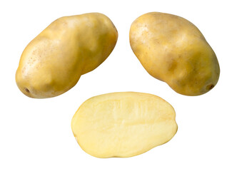 Top view set of raw potato tubers with half isolated on white background with clipping path
