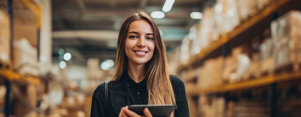 The smiling woman holding a tablet in a warehouse setting filled with boxes.
