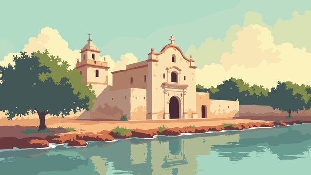 Laredo, Texas &ndash; Rio Grande bank with historic mission fa&ccedil;ade in warm sun, palette: adobe cream, river green, clay red, sun gold