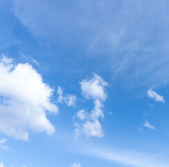 Low angle view and full frame of beautiful blue sky with strange shape of fluffy white clouds in the afternoon on sunny day used as natural background texture in decorative art work