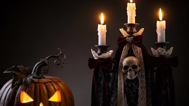 Illuminated Carved Pumpkin And Decorative Skulls And Candles Displayed On Dark Tabletop With Dark Backdrop