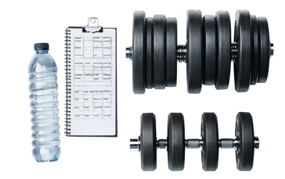 Fitness setup featuring dumbbells, hydration bottle, and planner for strength training and wellness routine isolated on transparent background PNG
