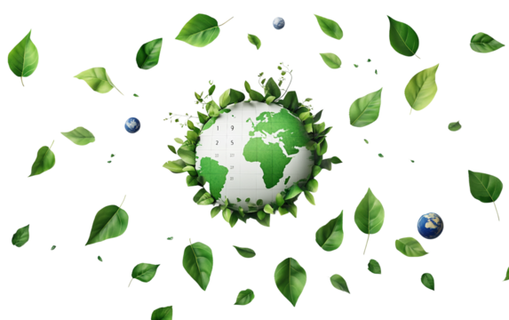 Earth Day 2025 calendar with marked green leaf icons for environmental awareness and eco-friendly planning isolated on transparent background PNG
