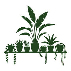 Silhouette of various potted houseplants on a shelf