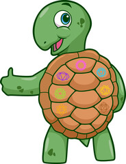 Cartoon Illustration einer grünen Schildkröte mit bunten Chakra Symbolen auf dem Panzer
