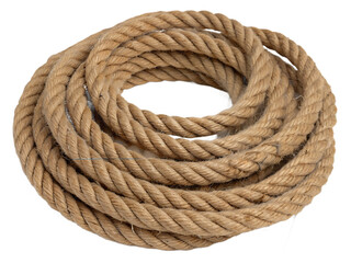 Obraz premium Rope coil made of natural jute fibers with tightly braided texture and earthy tones, shown in a close-up isolated on transparent background for