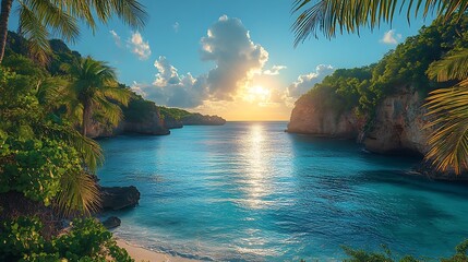 Tropical bay sunset view