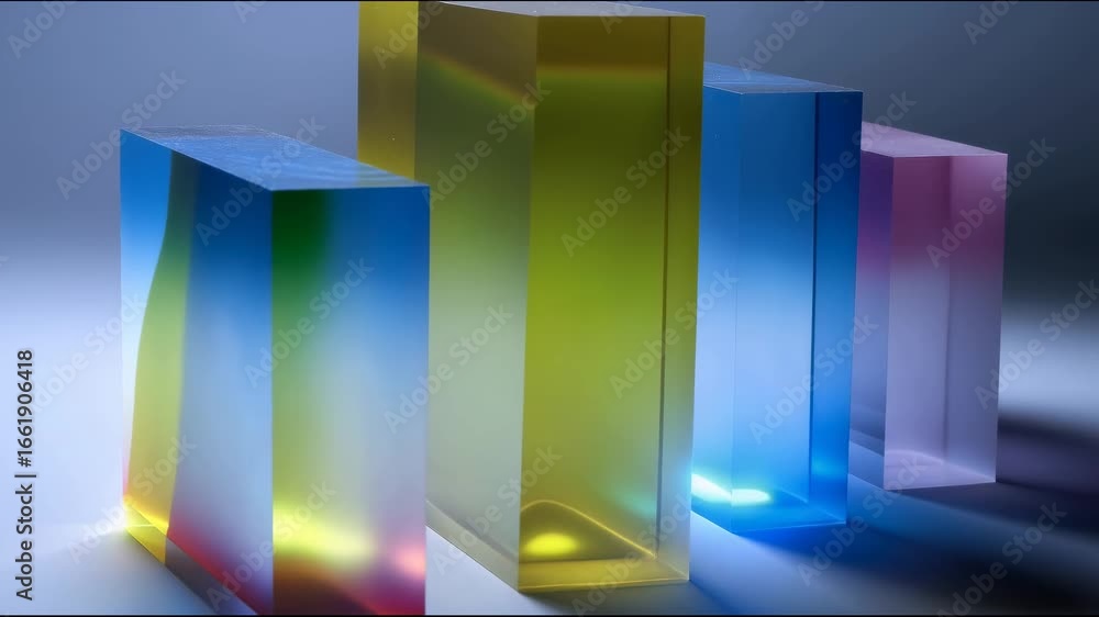 Poster rectangular colorful transparent blocks made of glass or resin standing in a row on neutral backgrou