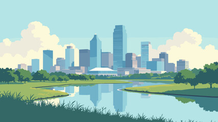 Obraz premium Frisco, Texas – Modern suburban skyline with tech campuses and reflective lakes, palette: glass blue, lawn green, chrome, soft gray