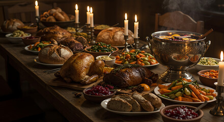 Winter solstice feast table with roasted meats, bread, mulled wine, and candles, cozy festive celebration, hearty seasonal meal, realistic warm holiday gathering, elegant winter dinner display
