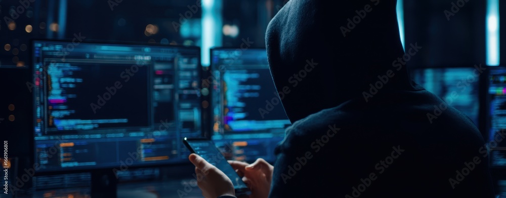 Poster the hooded hacker using a smartphone surrounded by multiple computer screens.