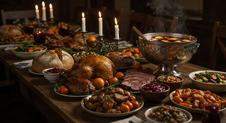 Winter solstice feast table with roasted meats, bread, mulled wine, and candles, cozy festive celebration, hearty seasonal meal, realistic warm holiday gathering, elegant winter dinner display