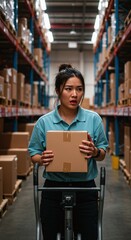 Worried warehouse worker holding a cardboard box while standing with a pallet jack in a large distribution center full of shelves