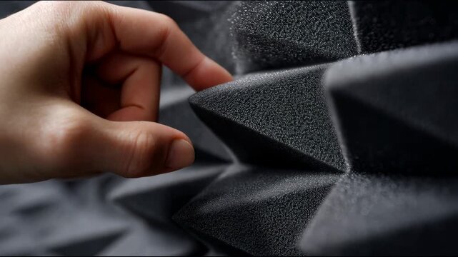 Hand pressing black acoustic foam with triangular spikes for soundproofing