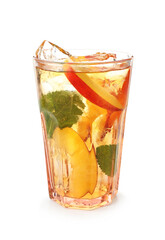 Refreshing iced peach tea in glass isolated on white