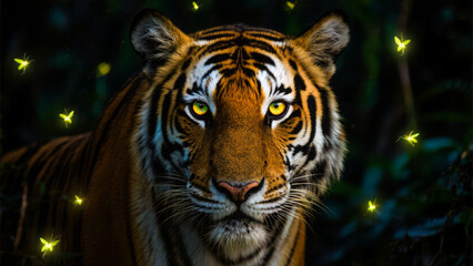 Stunning wildlife image of a tiger’s face glowing in the dark jungle night surrounded by magical fireflies. Perfect for nature, wildlife, fantasy, and animal photography visuals