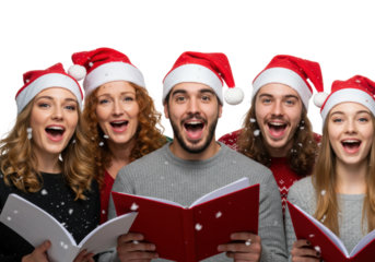 Joyful christmas caroling celebration indoor group of friends winter wonderland holiday spirit isolated PNG