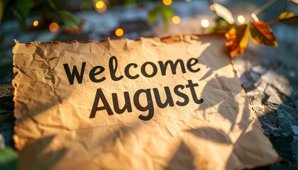 Welcome August Message on Paper with Leaf and Lights