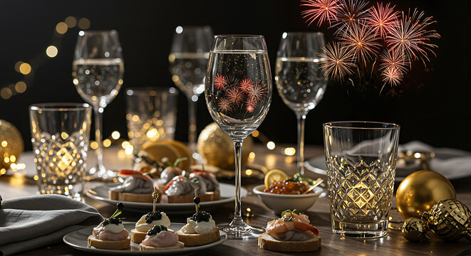 Luxury New Year’s Eve celebration table with champagne glasses, fireworks reflections, elegant appetizers, golden decorations, festive glamorous party setting, holiday celebration, sparkling festive a
