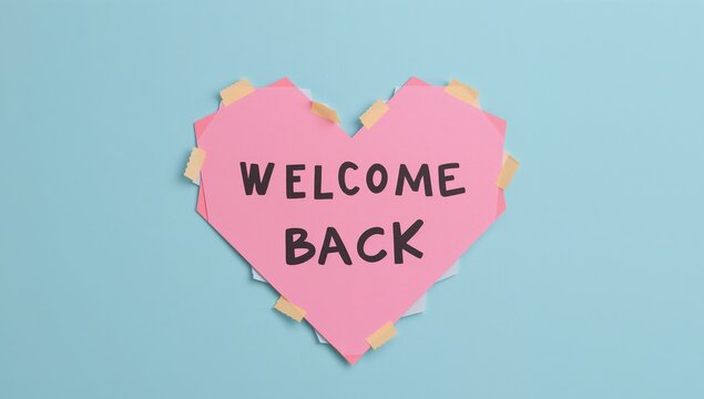 Welcome Back Heart on Blue Background Greeting with Pink Paper Cutout.