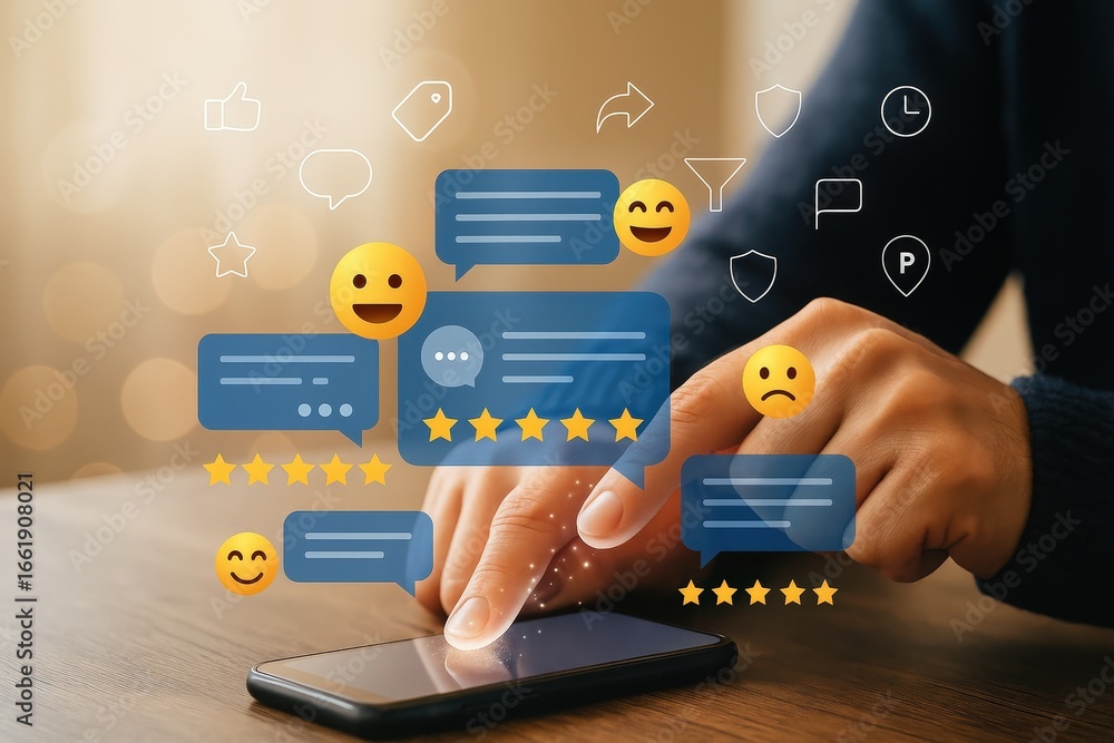 Poster a person interacts with a smartphone displaying a visualization of online reviews and customer feedb