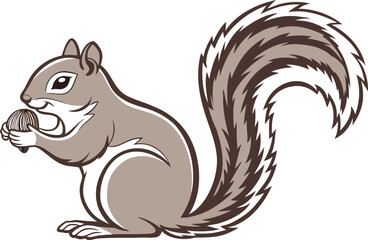 A cute cartoon squirrel with a big tail sits on a branch eating a nut, a perfect illustration for a wildlife tattoo design