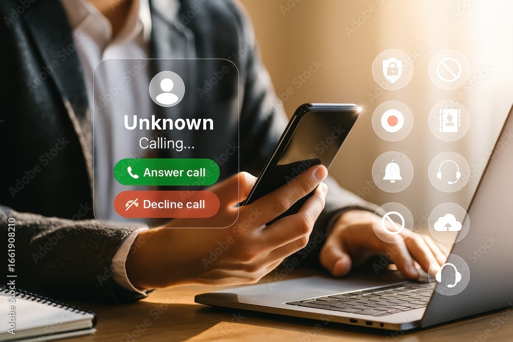 Poster a person using a smartphone and laptop to decline an unknown calling notification. a transparent ove