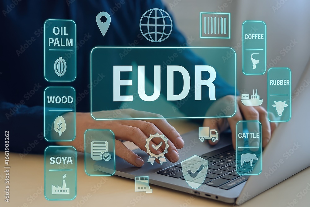 Poster a person using a laptop computer interacts with a digital interface displaying the acronym eu-dgr, s