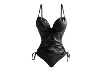 Elegant black swimsuit featuring a ruched design and adjustable straps isolated