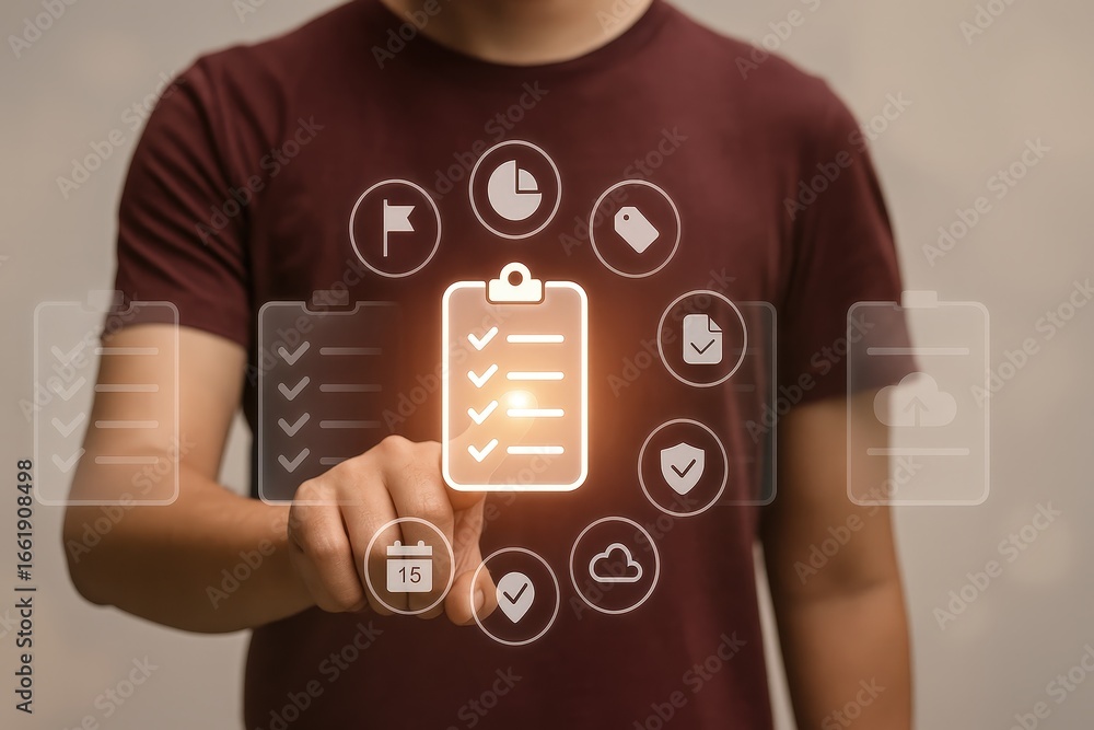 Poster a person interacts with a holographic checklist interface, highlighting task management and digital 