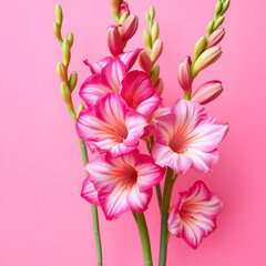 Fototapeta premium Beautiful gladiolus flowers on trendy pink background.