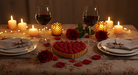 Romantic Valentine’s Day dinner table with heart-shaped desserts, red wine, candles, and roses, realistic intimate celebration, romantic holiday setup, festive dining scene with love-inspired decor