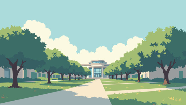 Irvine, California &ndash; Oak-lined greenbelt with geometric campus architecture, palette: sage, concrete gray, glass blue, blossom white