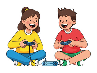 Playful Gaming Duo: Two smiling children are fully immersed in a gaming session, each engrossed in their respective controllers, with the console at the ready. Capturing the excitement and fun.