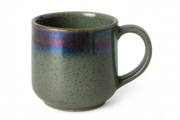 Iridescent-banded green ceramic mug sitting against transparent background, highlighting sleek design and versatile styling for creative presentations