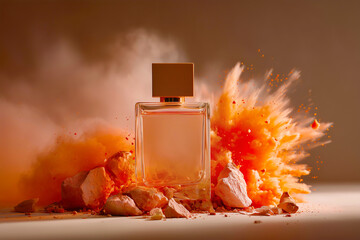An aromatic perfume kept near colourful stones. background with orange colour powder splash.  perfume splash.