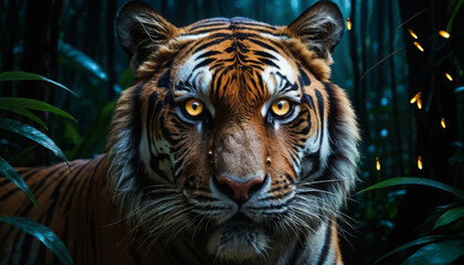 Stunning wildlife image of a tiger’s face glowing in the dark jungle night surrounded by magical fireflies. Perfect for nature, wildlife, fantasy, and animal photography visuals
