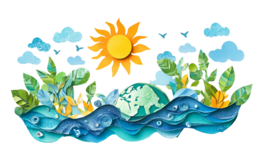 Creative Earth Day artwork featuring layered cutouts of water, nature, and sustainability elements isolated on transparent background PNG