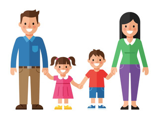 Family Portrait: A cheerful family of four, composed of a father, mother, son, and daughter, is happily holding hands in a vibrant, simple illustration style, perfect for themes of love, unity.
