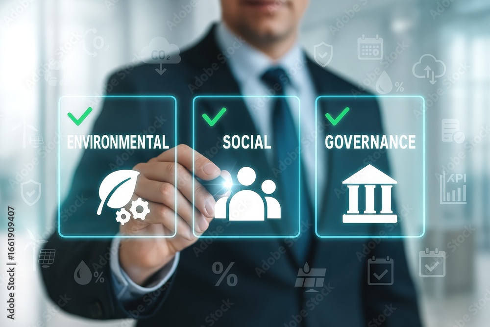 Poster a person in a business suit interacts with a digital interface displaying the concepts of environmen