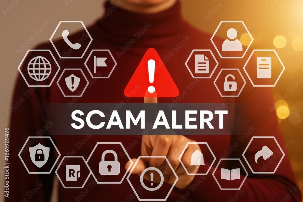 Poster a person interacts with a digital interface displaying a prominent scam alert, featuring various sec
