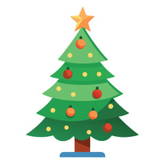 Fototapeta premium Cartoon Christmas Tree with Gold Star, Red and Orange Ornaments on White Background