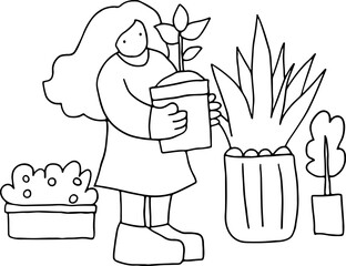 A girl holds a pot with a plant in her hands and is engaged in plant growing, vector design in corporate memphis style, grunge style curved black lines outlines