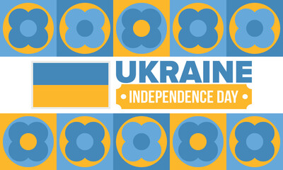 Obraz premium Ukraine Independence Day. National happy holiday, celebrated annual in August 24. Ukrainian flag. Blue and yellow. Patriotic elements. Poster, card, banner and background. Vector illustration