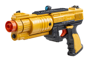 Fototapeta premium Close-up Studio Shot of a Futuristic Yellow and Black Toy Gun on transparent backdrop