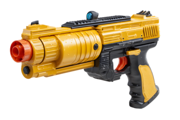 Close-up Studio Shot of a Futuristic Yellow and Black Toy Gun on transparent backdrop