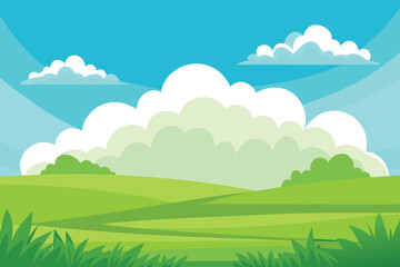 Obraz premium Cartoon Green Hills Landscape with Fluffy White Clouds and Bright Blue Sky Illustration