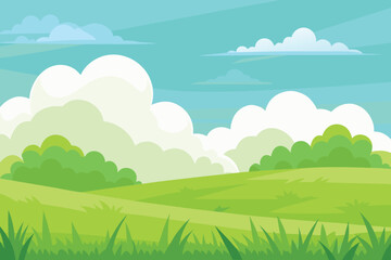 Cartoon Green Meadow Landscape with Grass, Bushes, White Clouds and Turquoise Sky Background