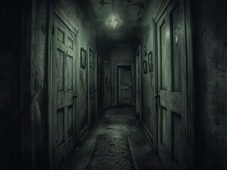 Obraz premium A long, dimly lit hallway with closed doors, creating a sense of foreboding and mystery.