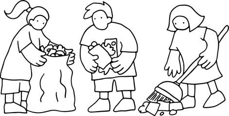 People are cleaning and removing trash, collecting it in garbage bags and sweeping it up, vector design in corporate memphis style, grunge style curved black lines outlines